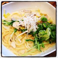 vegan ramen with spaghetti noodles at Mumokuteki Vegan Cafe in Kyoto