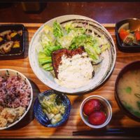 Lunch vegan chicken cutlet set with pickles, 2 kinds of rice, tartar sauce at Mumokuteki Vegan Cafe in Kyoto