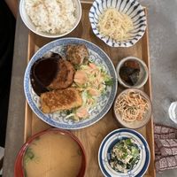 One of the lunch sets, featuring “cutlet,” okara and tofu hamburger  at Mumokuteki Vegan Cafe in Kyoto