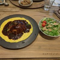 Vegan omelette w rice and salad at Mumokuteki Vegan Cafe in Kyoto