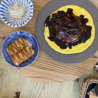 Omurice, katsu, cold potatoess  at Mumokuteki Vegan Cafe in Kyoto