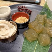 Delicious warabi mochi with vegan ice cream  at Mumokuteki Vegan Cafe in Kyoto