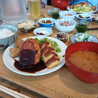 Of the katsu, hambagu, and karaage, the karaage was the best. at Mumokuteki Vegan Cafe in Kyoto