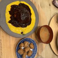 Omurice, nuggets and soup  at Mumokuteki Vegan Cafe in Kyoto
