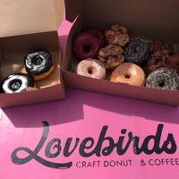 Boston cream, berry, monkey muffins, glazed brioche, chocolate glazed, and banana fritters at Lovebirds Donuts in Kittery