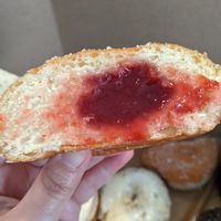 Inside of cherry jam donut at Lovebirds Donuts in Kittery