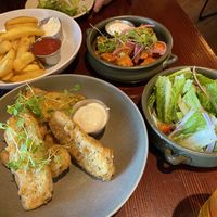 Fries, popcorn tofu, house salad and fried pickles  at The Craft Embassy in Christchurch