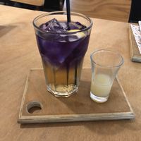 Blue raspberry ice tea. You add the lemon juice and it changes colour!  at Wayland's Yard in Birmingham