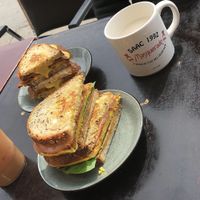 BEC and HollyDaze with oat milk tea  at Seitan's Helper in Brooklyn
