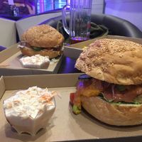 Seitan and tofu cheeseburger  at Vegan Kiraly in Budapest