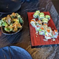 Bang Bang Broccoli as well as the Rainbow and Dragon Roll at PLANTA Queen in Toronto