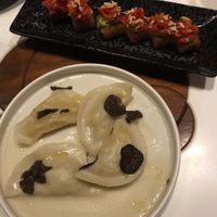 Potatoe dumplings and crispy rice at PLANTA Queen in Toronto