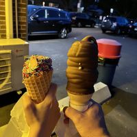 Vegan soft serve and waffle cone on the left!  at Dairy Star Ice Cream in Lincolnwood