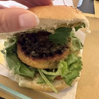 Vegan burger inside - burnt oily potato patty   at Tipiko in Agrigento