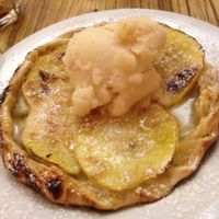 Vegan dessert "Small Flammekueche for dessert" with apples and pear sorbet (You have to demand it to be vegan!) at L'Alsacien in Paris