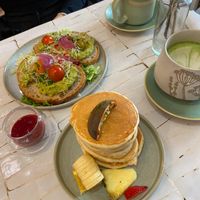 Vegan pancakes and avocado on sourdough  at Contrast in Bordeaux