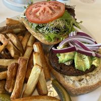 Black bean burger with air fries   at Slice of Life in Sebastopol