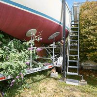 Ladder to deck level at Vegan Vessel SV Breta in Harbor