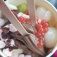 Yummy! Banana and chocolate soft serve with fruit, mochis and pearls at Yo-Chi in Balaclava