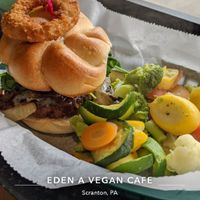 Steak burger with veggies at Eden Vegan Cafe in Scranton