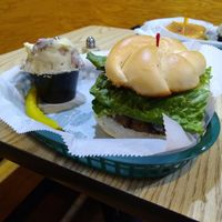 Cheeseburger with smashed potatoes. at Eden Vegan Cafe in Scranton