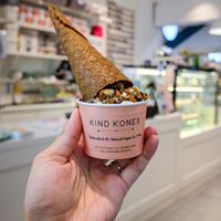 Tiramisu ice cream with peanut sesame brittle and chocolate buckwheat granola toppings
 at Kind Kones - Forum in Central Singapore