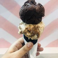Chocolate and almond brittle fudge with limited edition vegan charcoal wholemeal cone🖤 at Kind Kones - Forum in Central Singapore