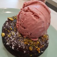 Chocolate donut with strawberry ice cream at Kind Kones - Forum in Central Singapore
