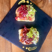Bruschetta - traditional (top) and salmon   at Amami Garden in Ungasan