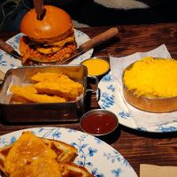 Korean BBQ chckn burger, vegan tenders, vegan mac and cheese and vaffles at Absurd Bird in East London