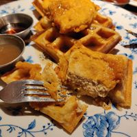 Vaffles with chckn vegan tenders, vegan gravy and maple syrup at Absurd Bird in East London
