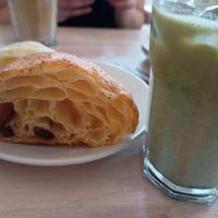 Matcha matte and pan au Chocolat at The Flour Pot Bakery in Brighton