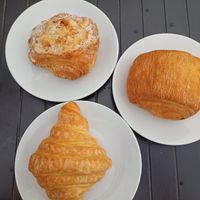Coconut pain au chocolat, classic pain au chocolat, classic croissant at The Flour Pot Bakery in Brighton