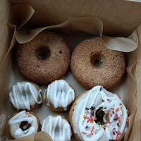 Mini pumpkin donuts, frosted pumpkin spice donut, and two apple cider donuts. at Happy Bellies Bake Shop in Appleton