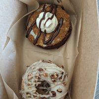 Maple pecan espresso donut (bottom) and s'mores donut (top) at Happy Bellies Bake Shop in Appleton