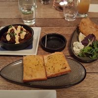 Starters including vegan garlic bread, banana blossom 'fish’, spicy cauliflower with vegan mayonnaise  at The Cyder House Inn in Godalming