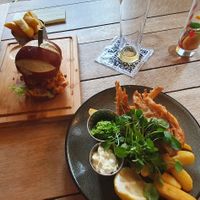 Banana blossom fish and chips and the vegan chicken burger at The Cyder House Inn in Godalming