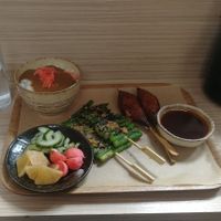 Lunch deal - tofu tsukune, asparagus, Japanese pickles, and rice with katsu sauce! at Kushi-ya in Nottingham