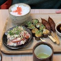 lunch menu: 2 skewers, a side and rice  at Kushi-ya in Nottingham