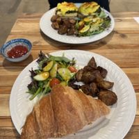 Eggs Benedict and egg salad croissant (all vegan)  at Animal Liberation Kitchen in Toronto
