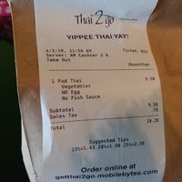 Receipt at Thai 2 Go in Dallas