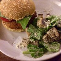 Chickn burger with side salad. Amazing!  at Roots Cafe in Siem Reap