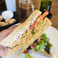 “Better Than Tuna” Melt with a nutella smoothie in the background  at Roots Cafe in Siem Reap