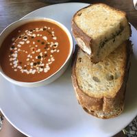 Grilled cheese and pesto sandwich with tomato soup, so tasty!  at Roots Cafe in Siem Reap