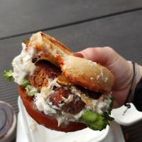 Seitan burger with tartar sauce at Eaternia in Prague