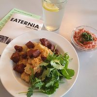 Gnocchi, coleslaw and a homemade lemonade. at Eaternia in Prague