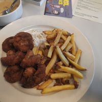Fried mushrooms with french fries at Eaternia in Prague