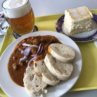 Best combo ever, goulash from daily menu, kremes and a beer!   at Eaternia in Prague