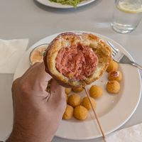Inside the corn dog - the sausage was good but I was hoping for a crispier coating. at Eaternia in Prague