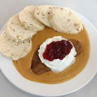 Vegan Svíčková (Traditional Czech Gravy Stew with Cranberries and Cream) at Eaternia in Prague